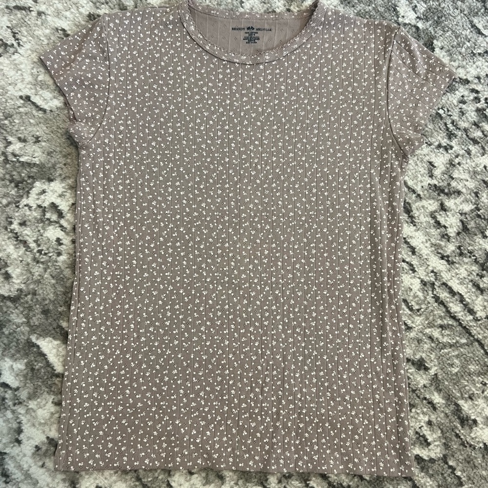 Brandy Melville White and Pink Floral Fitted Short Sleeve Tee